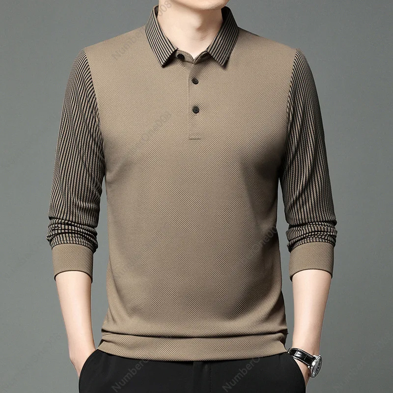 Stream Popular Striped-sleeved Men's Long-sleeved T-shirt Fashionable Versatile Lapel Middle-aged Loose Bottom POLO Shirt Men