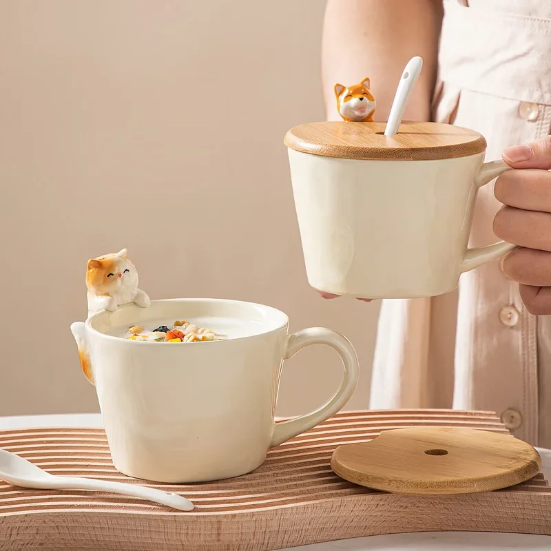 Cartoon Dog Cat Ceramic Mug with Lid Cute Kids Water Mug Dessert Milk Coffee Mug European Living Room Home Décor Birthday Gift