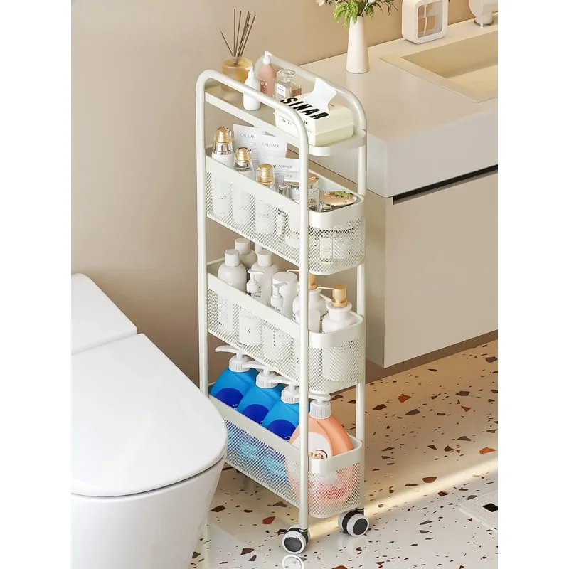 

Simple Bathroom Seam Small Cart Multilayer Iron Hollow Out Storage Basket Balcony Kitchen Gap Can Be Movable Storage Shelf