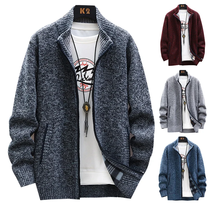 M-4XL Autumn and Winter New Men's Sweater Cardigan with Added Velvet and Thick Zipper Knit Sweater Jacket Top