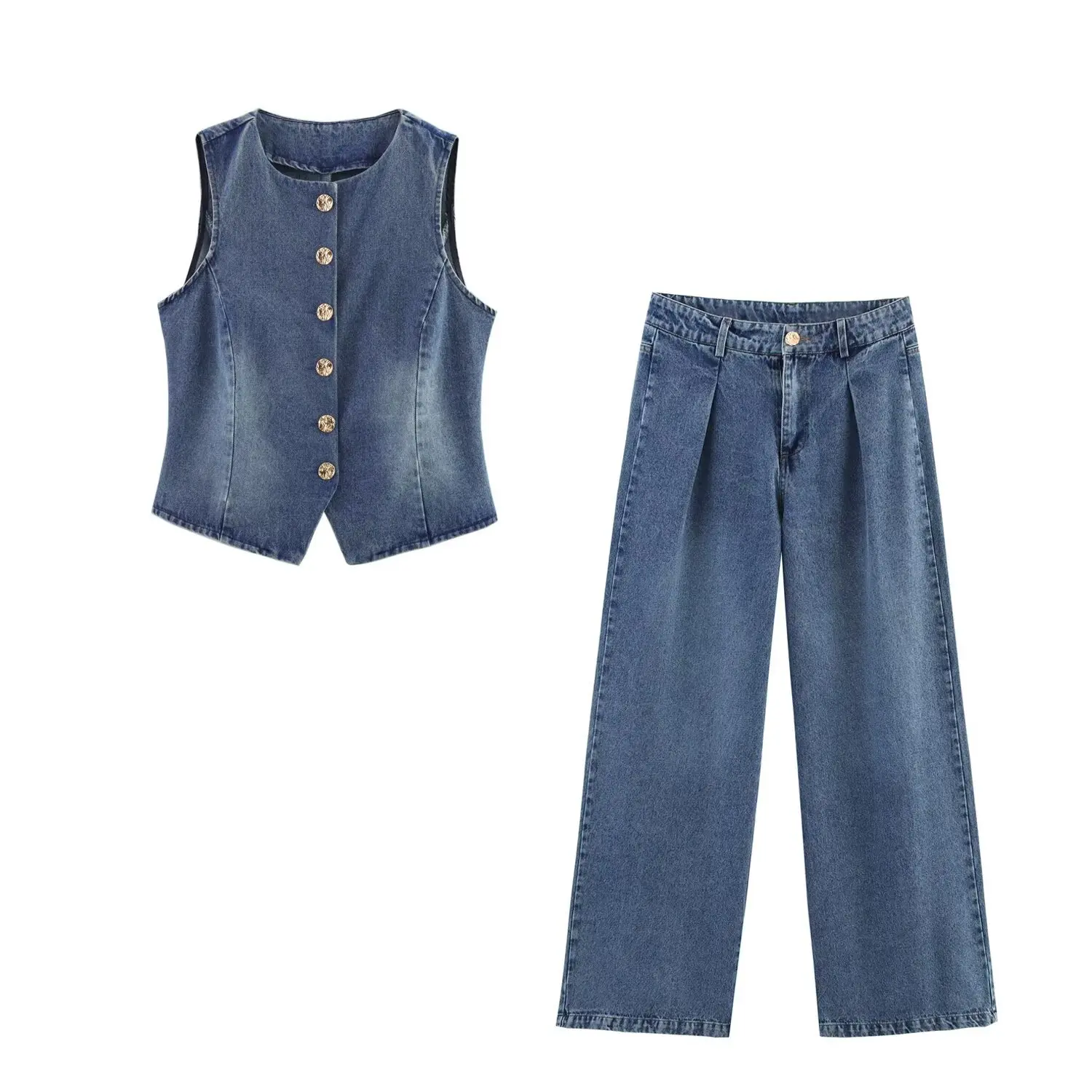 

ZBZA Women Slim-fit Denim Vest Trousers Set Crew Neck Single Breasted Top High Waist Straight Wide Leg Pants Spring New Chic Set