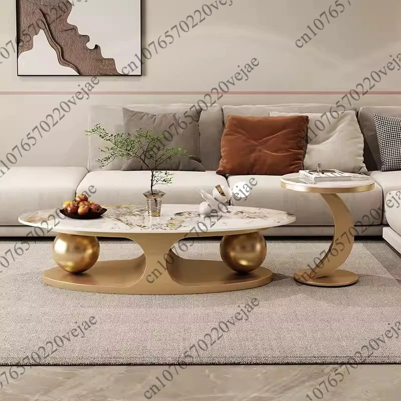 Italian Bright Rock Plate Coffee Tables Nordic Living Room Furniture Home Iron Art Corner Table Light Luxury Oval Side Table Set