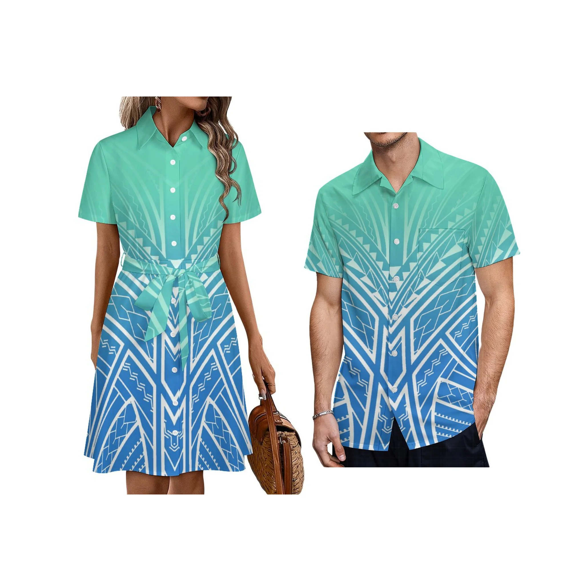 Samoan Island Design Ladies Summer Sashes Dress Custom Plus Size Casual Button Shirts Dress Polynesian Tie-Up Dress