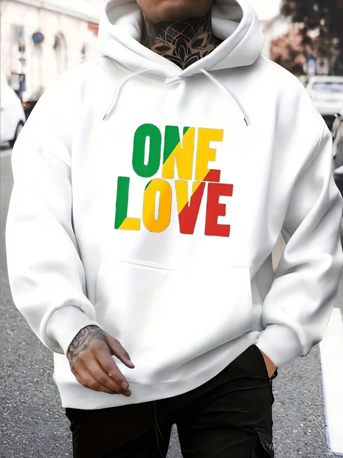 Men's Hoodies Pullover Casual Sweatshirts With Pockets Loose Fit Drawstring Design Hoody One Love Rasta Colors Print Design