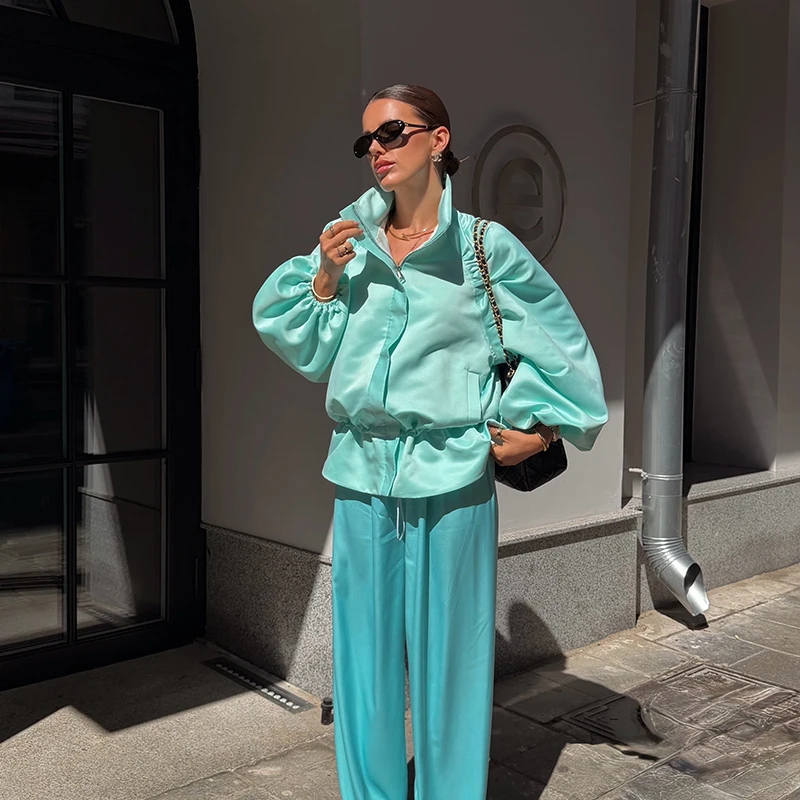 Übergroße, taillenbetonte, glänzende Oberflächenmäntel für Damen, Street-Style, Stehkragen, Laternenärmel, einfarbige, lockere Jacken, schicke Oberbekleidung – Detail 13