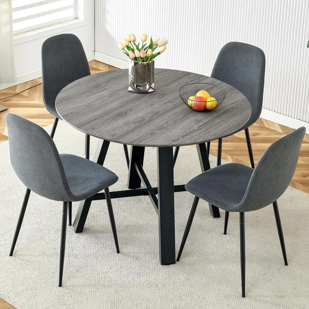 طقم طعام خشبي مستدير باللون الرمادي مقاس 42 بوصة مع كراسي قماش تتسع لـ 4 أشخاص #2