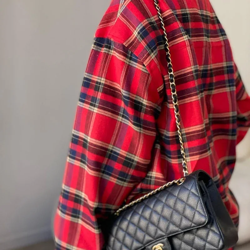 Casual Red Plaid Printed Women's Shirt Fashion Long Sleeve Single Breasted Blouses 2025 New Lapel Female Shirt Outwear