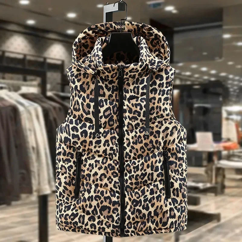 

2025 New Fashionable Down Leopard Print Vest Autumn Winter Thickened Warm Trendy Casual Vest with Hooded Women's Waistcoat