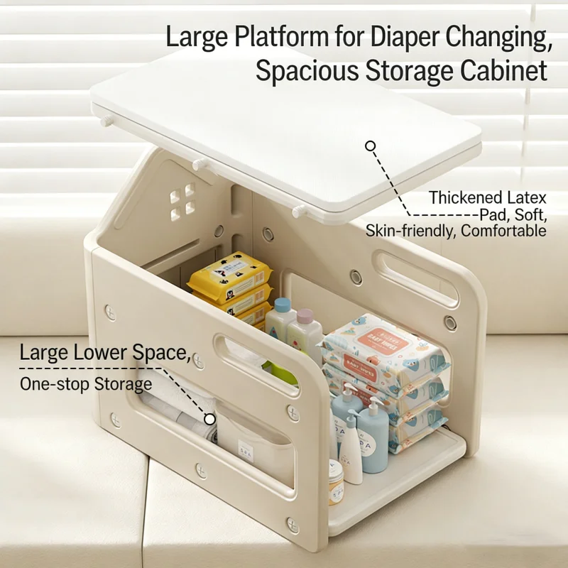 Multifunctional baby changing table with touch care, bathing and storage functions, suitable for home use.