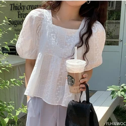 Square Neck Cotton Blends Tops Summer 2023 New Women Chic Japan Girls Preppy Style Date Belly White Lace Shirts Blouses