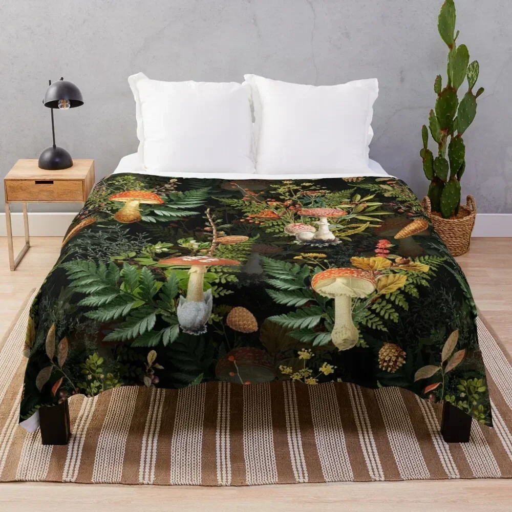 

vintage toadstools in the forest on black Throw Blanket Quilt Cute Giant Sofa Blankets