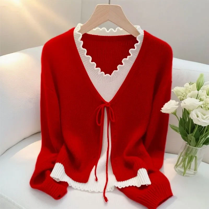 2025 Autumn New Fashionable Lazy and Fashionable Knitted Top Fake Two Versatile Sweater