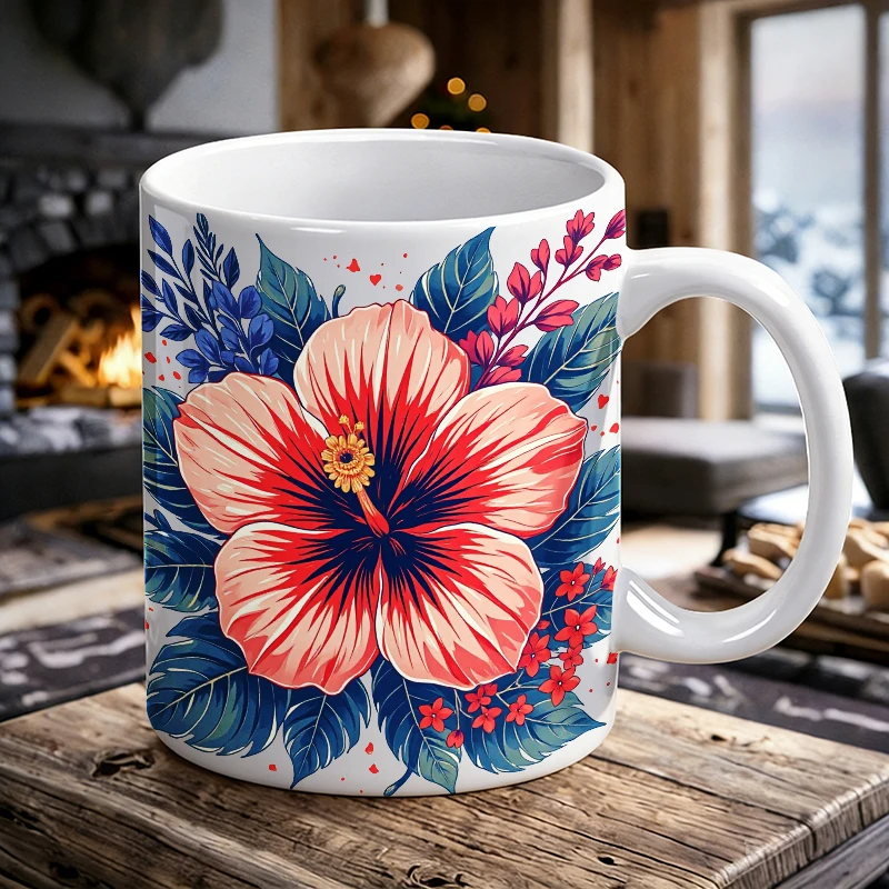 Independence Day Mug Coffee Cup Ceramic Cup Vibrant Hibiscus Garden Floral Print