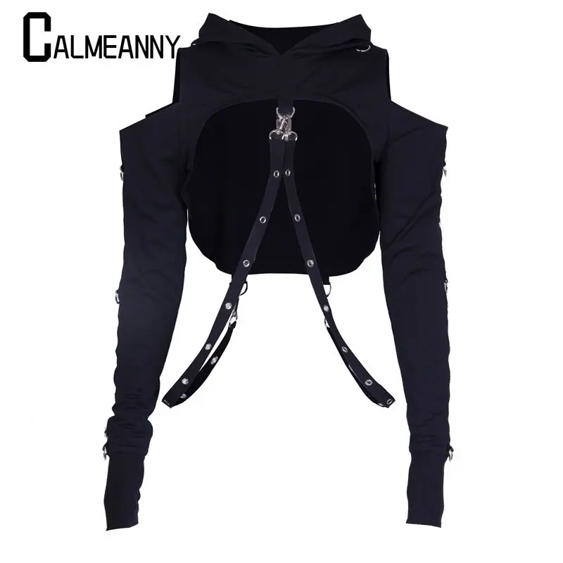 Autumn Long Sleeve Crop Tops Lady Cool Chain Fashion Clothes Loose Cold Shoulder Hooded Hoodies Women Gothic Sexy Streetwear