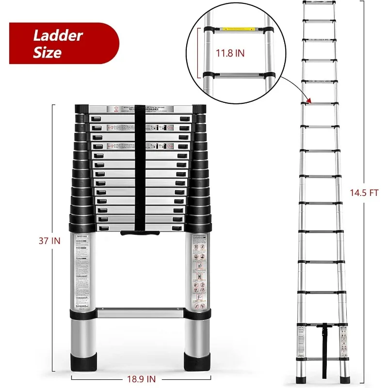 14.5 FT Telescoping Ladders Heavy Duty Aluminum Collapsible Ladder Load Bearing 330 LBS Extension Ladders Applicable