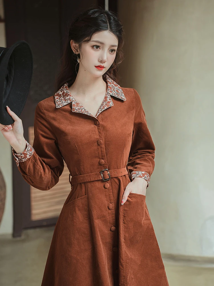 Conjuntos Elegantes Modernos para Escritório, Vestidos Vintage com Gola Reversa para Mulheres, Sobretudo Marrom com Cinto, Vestidos Outono Inverno