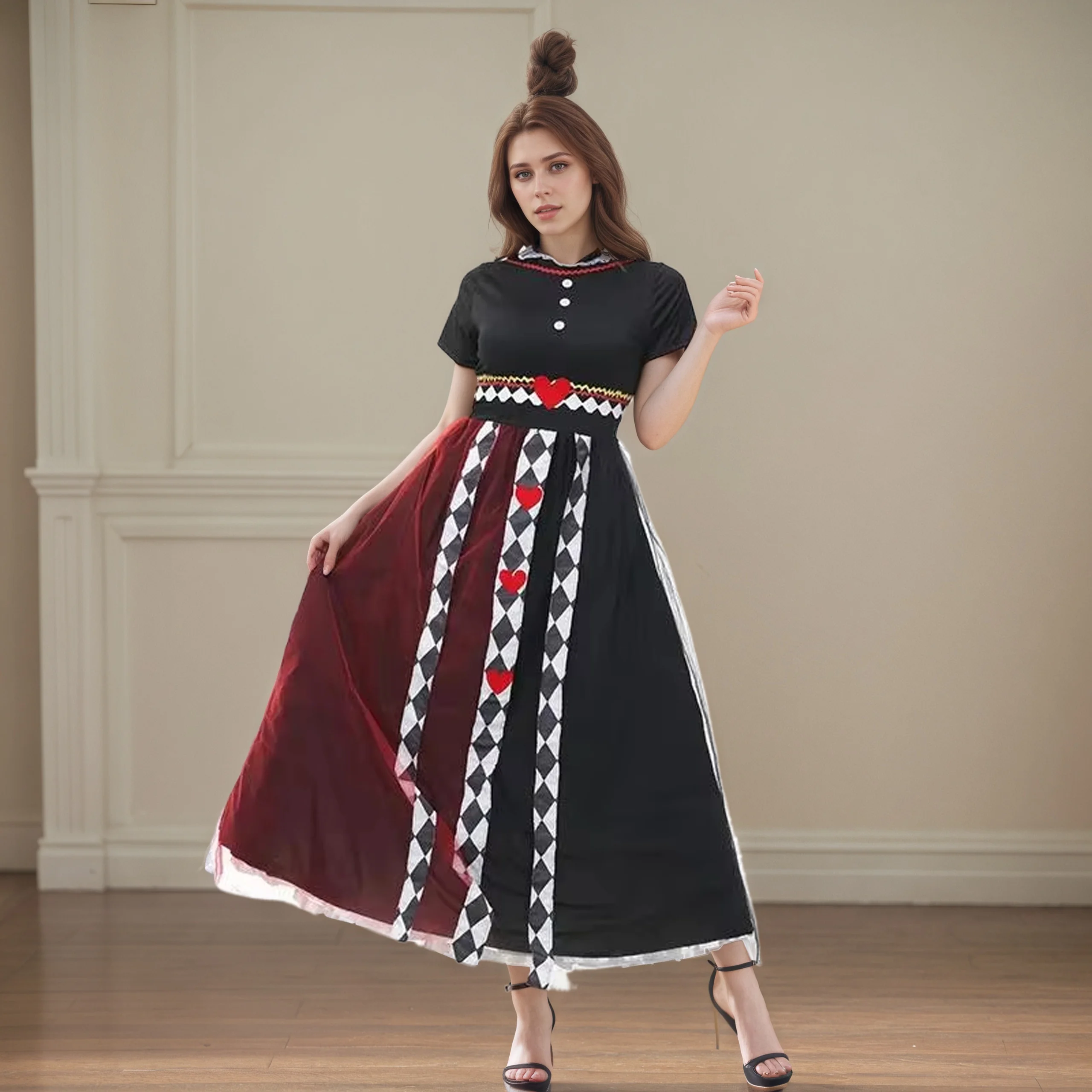 

2025 Halloween Women Red Queen of Hearts Costume for Adult Women Fairy Tale Theme Party Fancy Dress Cosplay Red Black Patchwork