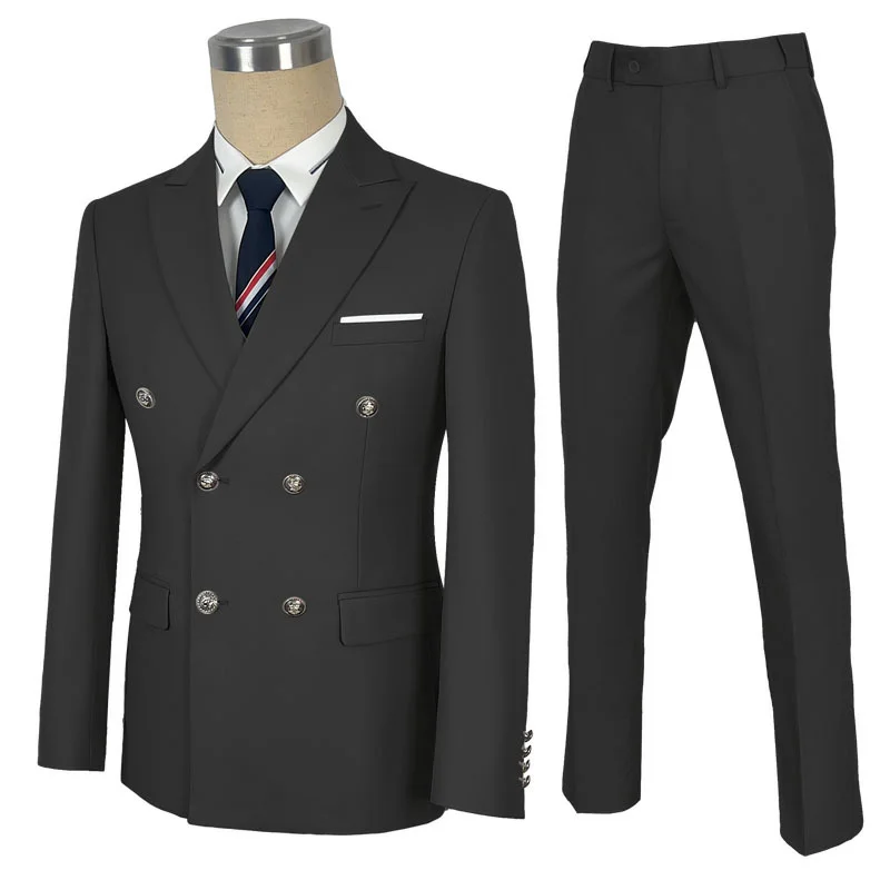 Men Suit 2 Pieses Black Double Button Solid Color For Wedding Birthday Business Casual Work Set Jacket With Pants