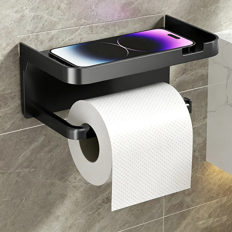 Toilettenpapierhalter ohne Bohren mit Ablage, Wandmontierter Papierrollenspender für Badezimmer, Multifunktionales Aufbewahrungsregal – Detail 7