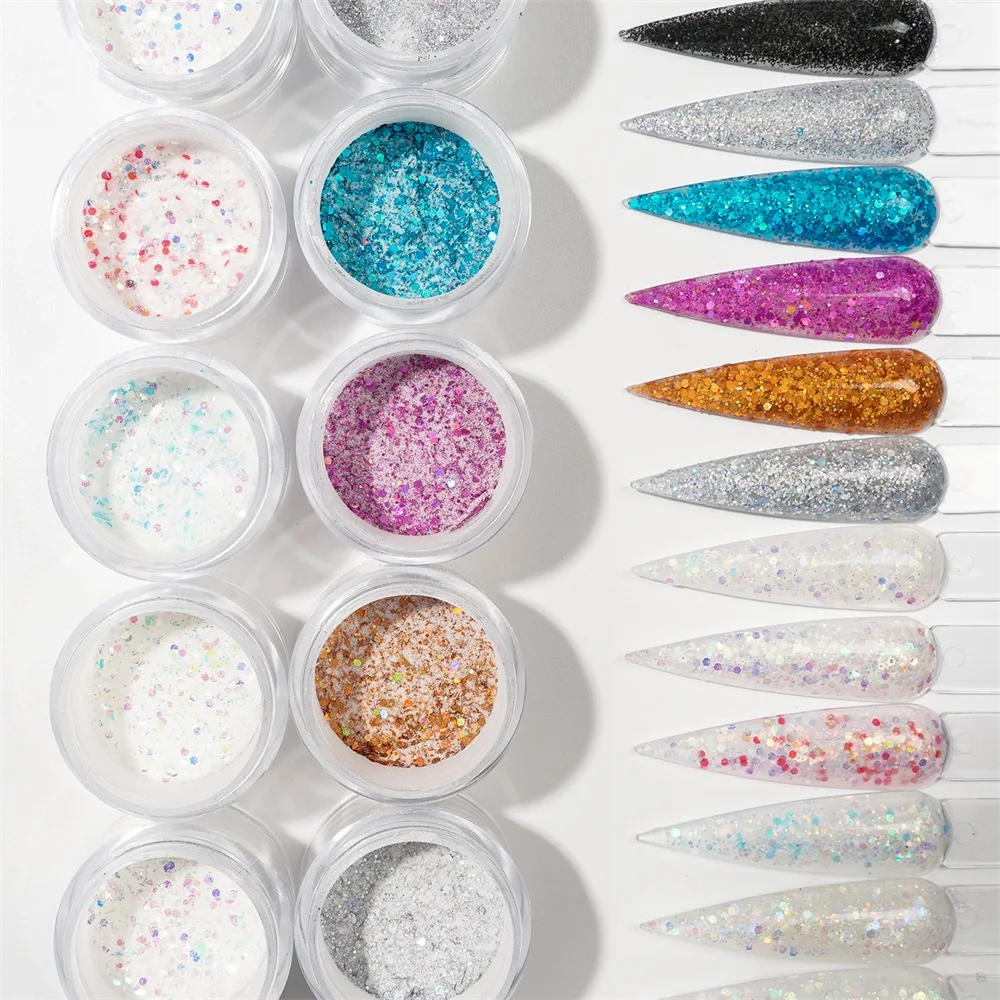 HNDO-Garrafa Glitter Lantejoulas para Nail Art, Pó Acrílico, Material Brilhante, Suprimentos para Profissionais, Escultura Manicure, 12 Cores