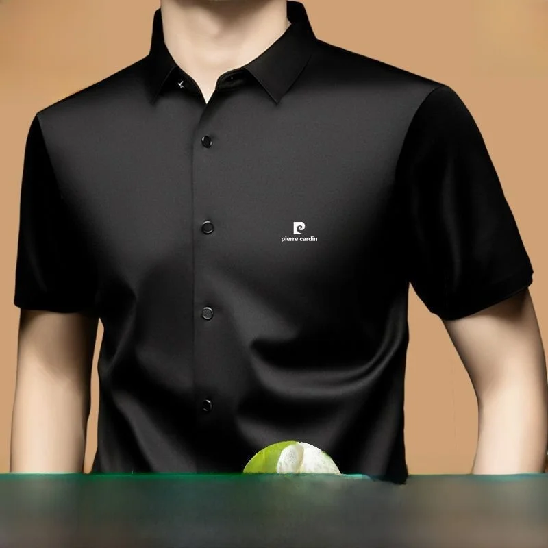 Pierre Cardin Men's Silk Short Sleeve Shirt Casual Summer New Style Pure Color Seamless Business Leisure Fashion City Cotton ...