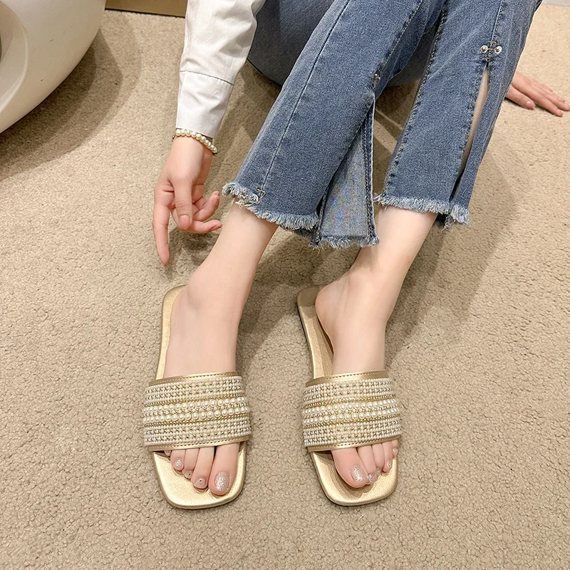 2024 Summer New Fashion Casual Pearl Women\'s Slippers Solid Flat  Open Toe Shoes Women Outdoor Beach Slippers