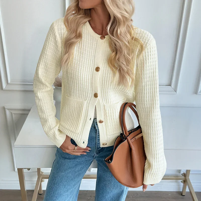 

2025 New Autumn and Winter Casual Korean Style Metal Button Cardigan Solid Color Sweater Jacket for Women