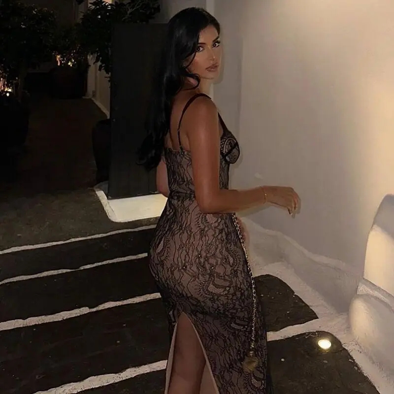 Seksowna Koronkowa Długa Sukienka 2025 Nowość Odkryte Ramiona Obcisła Suknia Wieczorowa Elegancka Sukienka Maxi z Rozcięciem Damska na Imprezę Wesele Kolację