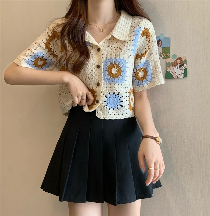 OUMEA Women Knitted Crochet Blouse Color Block Buttons Front Contrast Color Casual Tops Short Sleeve Openwork Chic Beach Tops