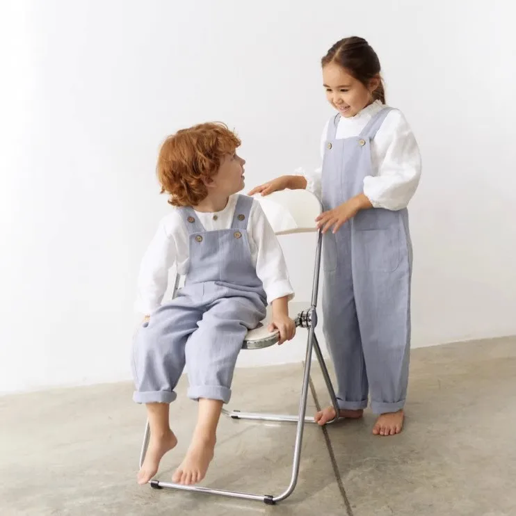 

2026 Russian Children's Spring and Summer Cotton Linen British One-piece Pocket Overalls for Children Boy Girl