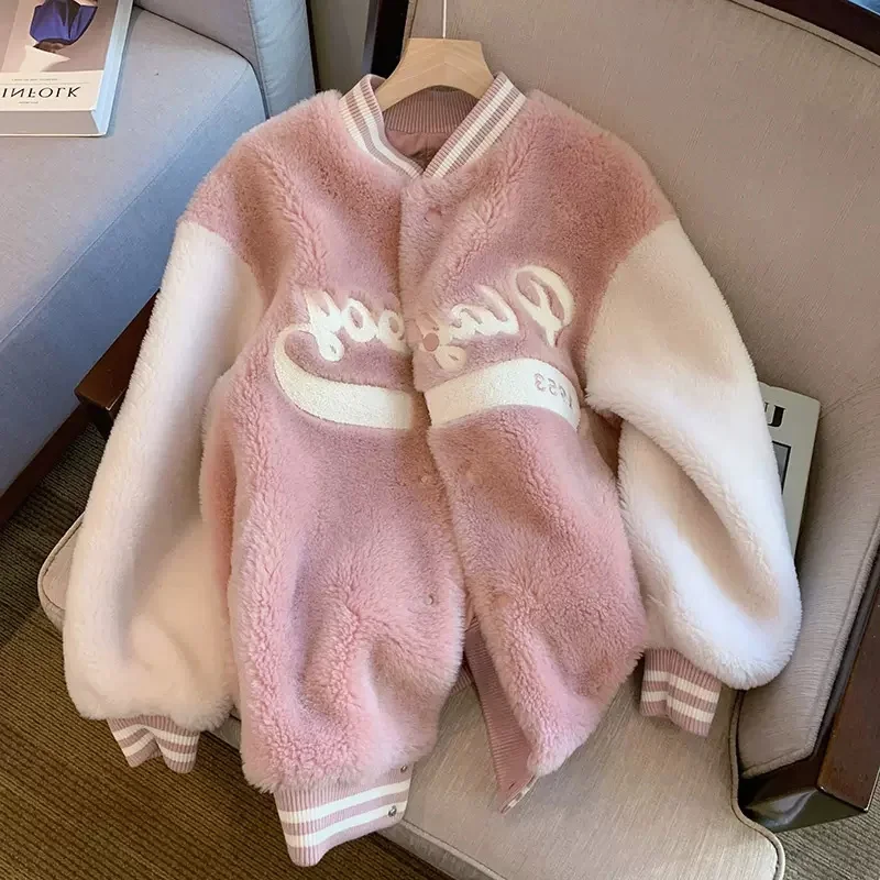 Dolce giacca di velluto di agnello rosa donna 2022 inverno nuova versione coreana tutto-fiammifero peloso carino piccolo Cardigan uniforme da