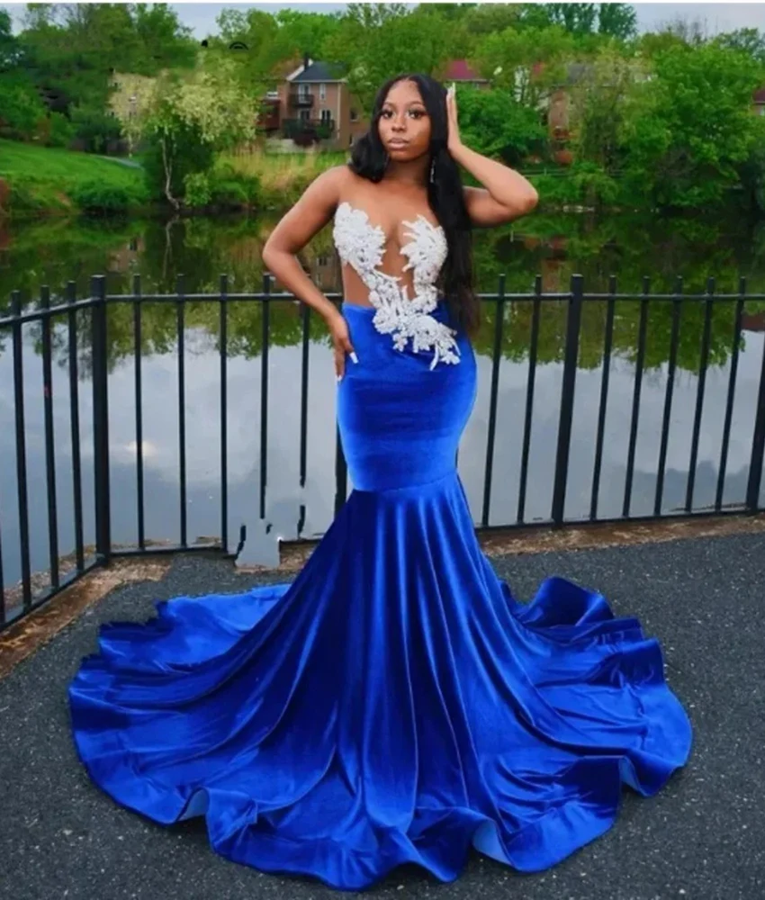 

Customized Luxury Crystal Pearls Beading Mermaid Velvet Evening Dress Temperament Sleeveless Floor Length Celebrity Gowns