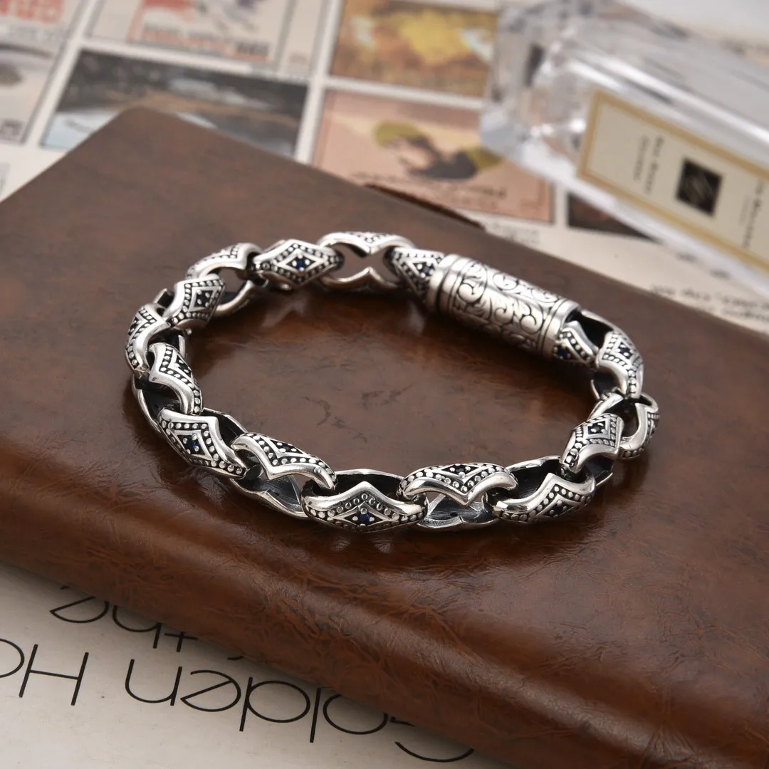 S925 silver personalized men's and women's rattan pattern quilted diamond bracelet retrocasual domineering hip hop punk style