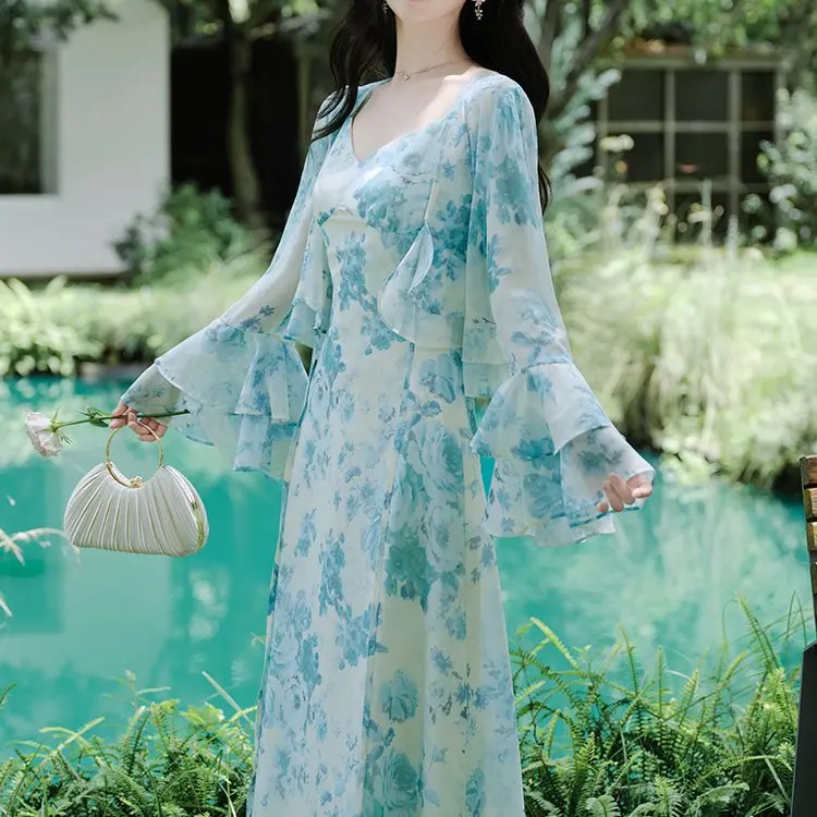 

Blue And White Porcelain Chinese Sle Floral Print Vaion Dr Set with Lace Trim Open Cardigan Long Sve V Ne Spring...