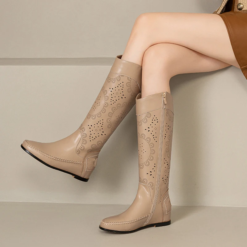 

Women's Spring Autumn New 3 CM Heel Genuine Leather Long Boots Vintage Embroidery Breathable Hollow Out Boots