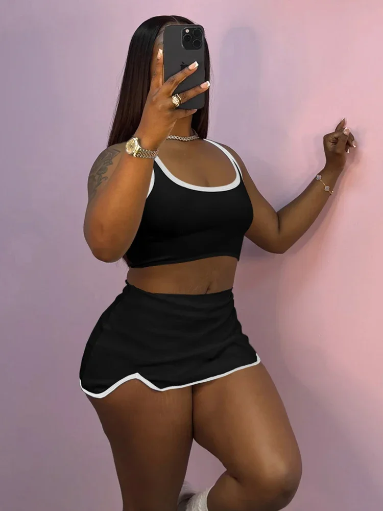 Panelled Trim Matching Women 2 Piece Set Fashion Concise U-neck Backless Slim Crop Tanks+Irregular Mini Skirts Daily Suits