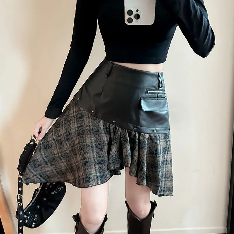 2024 Early Autumn New Fashionable Leather Cowboy Splicing Irregular Checkered Half Skirt Short Skirt  women clothing