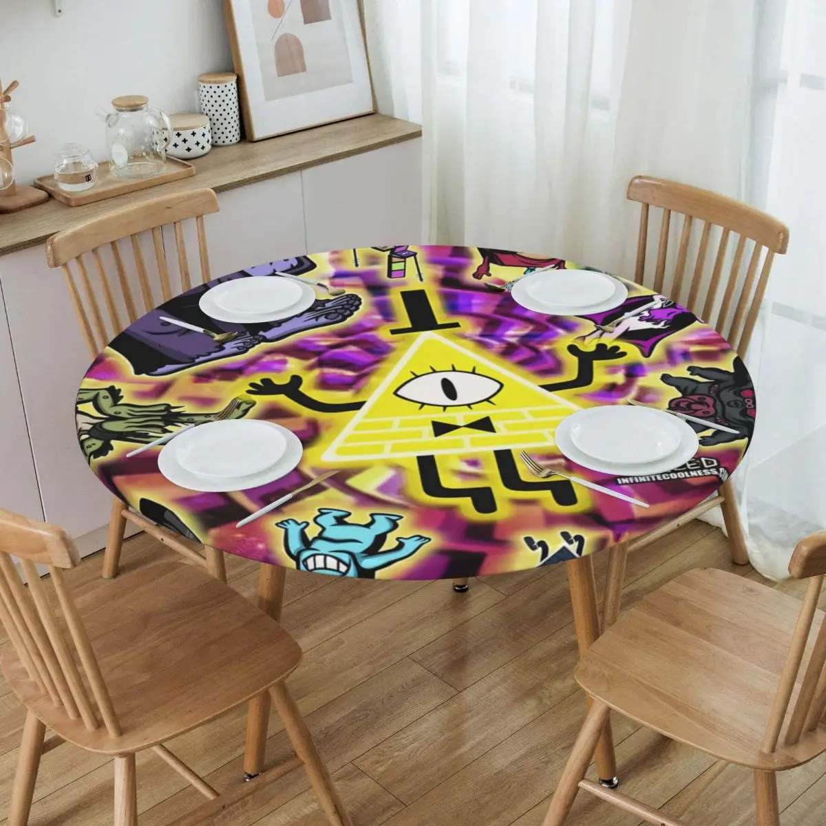 Custom Round Waterproof Oil-Proof Disney Anime Gravity Falls Tablecloth Backing Elastic Edge Table Cover 40