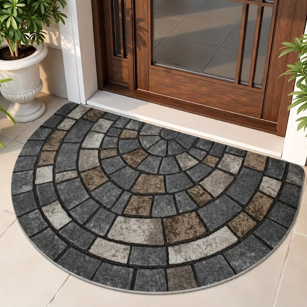 Stone-Patterned Half Round Door Mat Absorbent Washable Semi Circular Doormat Mosaic Decorative Flannel Foot Pad Household Use