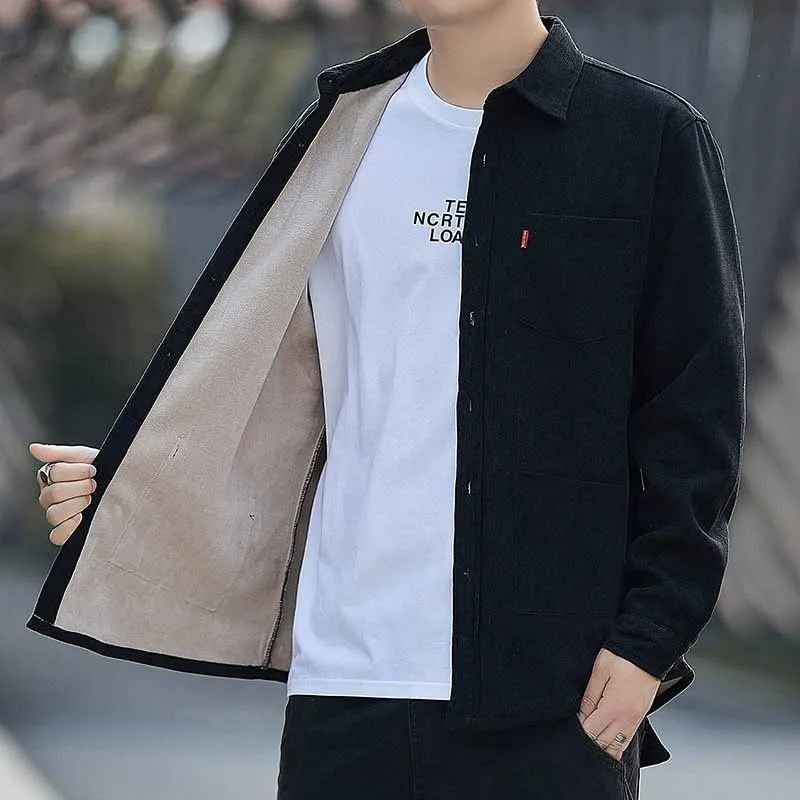 

Mens Thicken Vintage Corduroy Shirts Autumn Winter Long Sleeve Plus Velvet Warm Shirt Casual Multi-Pocket Loose Versatile Top