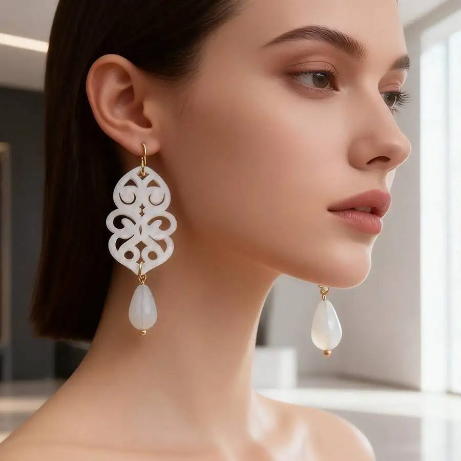 

Elegant White Acrylic Filigree Drop Earrings With Teardrop Pendant For Women Daily Wear