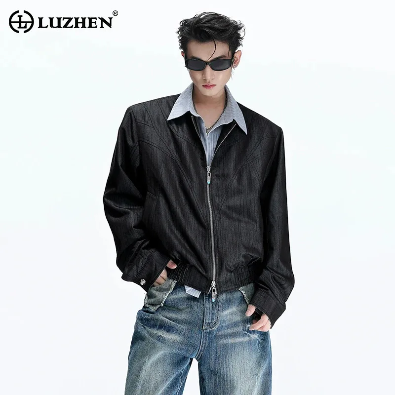LUZHEN 2026 New Stylish Original Fake Two Piece Design Glossy High Quality Casual Jacket Men's Handsome Lapel Shirts Coat JY8359