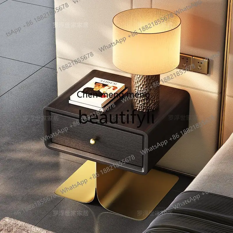 Bedside table Smoked solid wood light luxury high-end Italian modern simple bedroom household small storage side cabinet