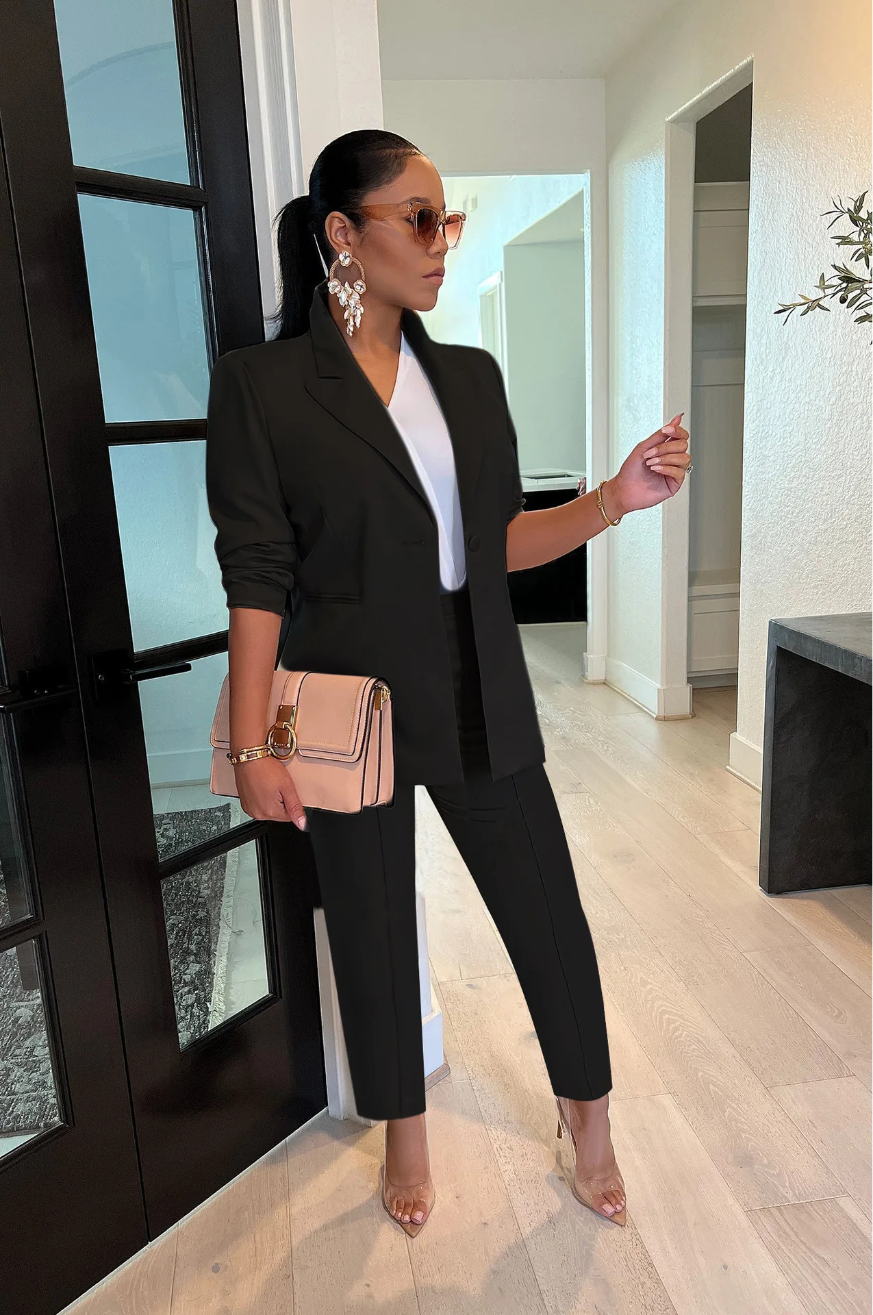 Women Tracksuit Turn Down Collar Solid Single Button Office Lady Outerwear Pockets Two Pieces Set Pencil Pants Slim Fit