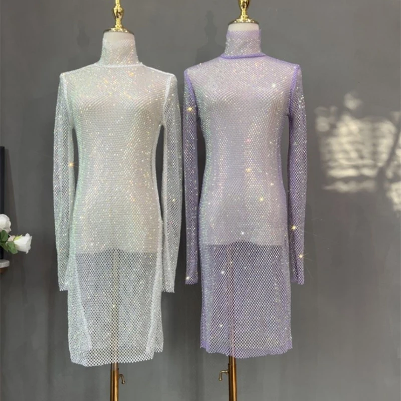 Damen Glänzendes Strass-Mesh-Midikleid mit Rollkragen, Langen Ärmeln, Durchsichtiges Bodycon-Kleid, Sexy Schlankes Party-Nachtclub-Abendkleid – Detail 2