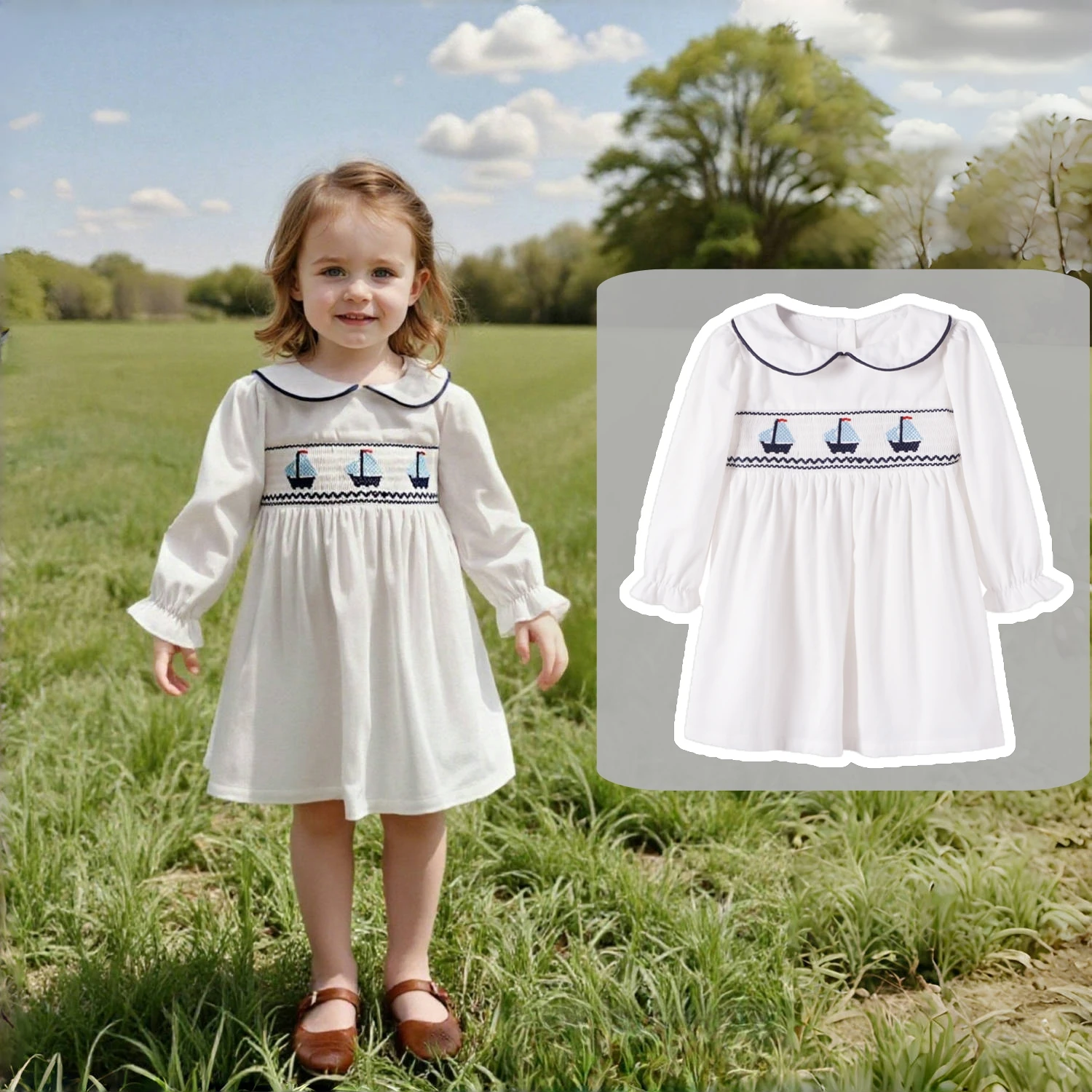 Herbst Langarm Kleid für 1-6 Jahre Mädchen Boot Smocking Design + Peter Pan Kragen Baby Kleinkind Tägliche Kleidung kind Baumwolle Kleid