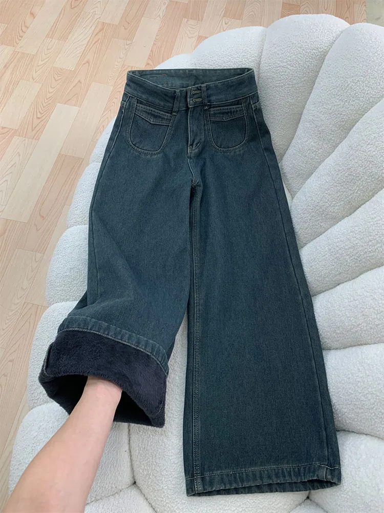 

Thiened Fce Lined High Waist Straight Leg Denim Jeans Women Winter New plus Size Loose Wide Leg Pants Casual Sle