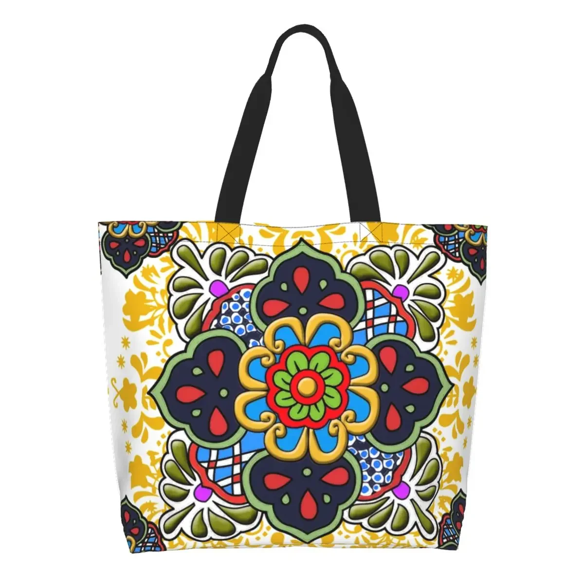 Fashion Printing Mexican Talavera Flower Tote Shopping Bags Recycling Canvas Shoulder Shopper Folk Ceramic Tile Art Handbag