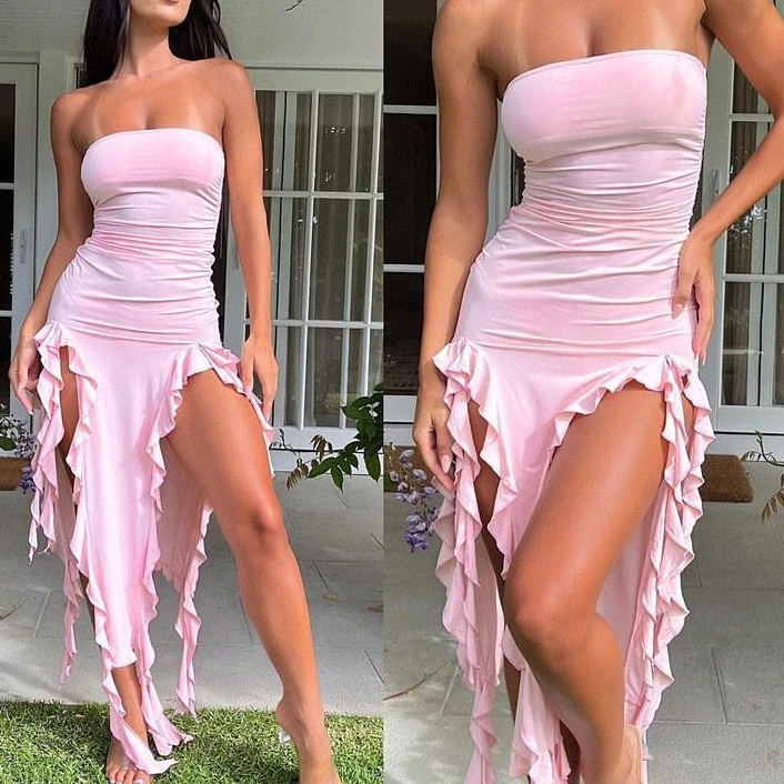 

Women's Dress 2024 Summer New Fashion One-word Shoulder Jellyfish Lace Sexy Irregular Elegance