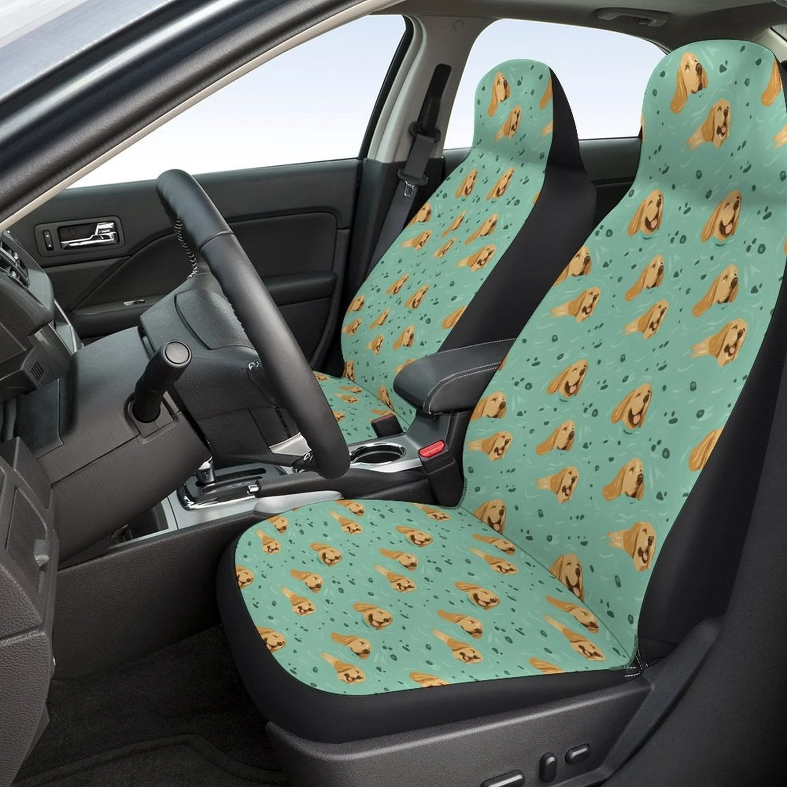 Set Of Car Seat Covers Featuring A Golden Retriever Design, Suitable For Various Vehicles. Stylish And Unique, This Complete Set